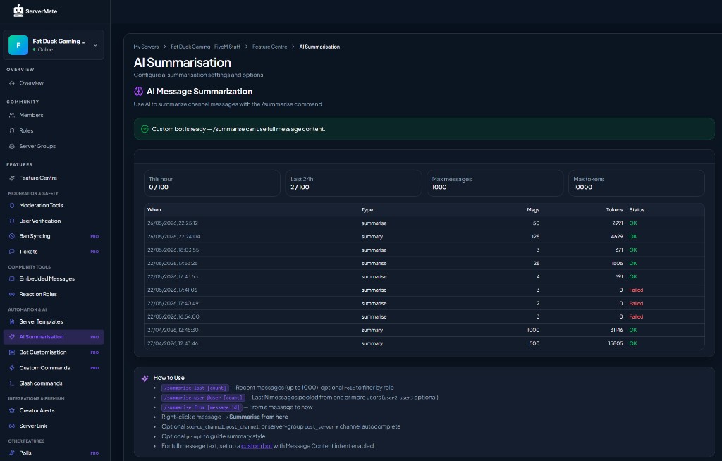 ServerMate dashboard with custom bot setup