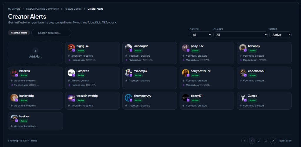Creator Alerts dashboard