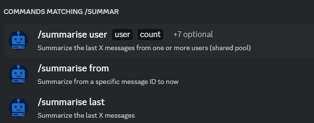 ServerMate summarise commands in Discord